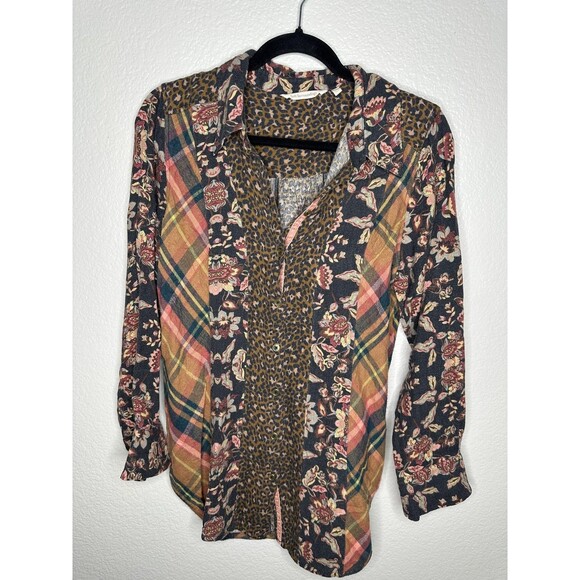 Soft Surroundings Shirt Womens Small Patchwork Floral Plaid Leopard Boho Top - Picture 1 of 6